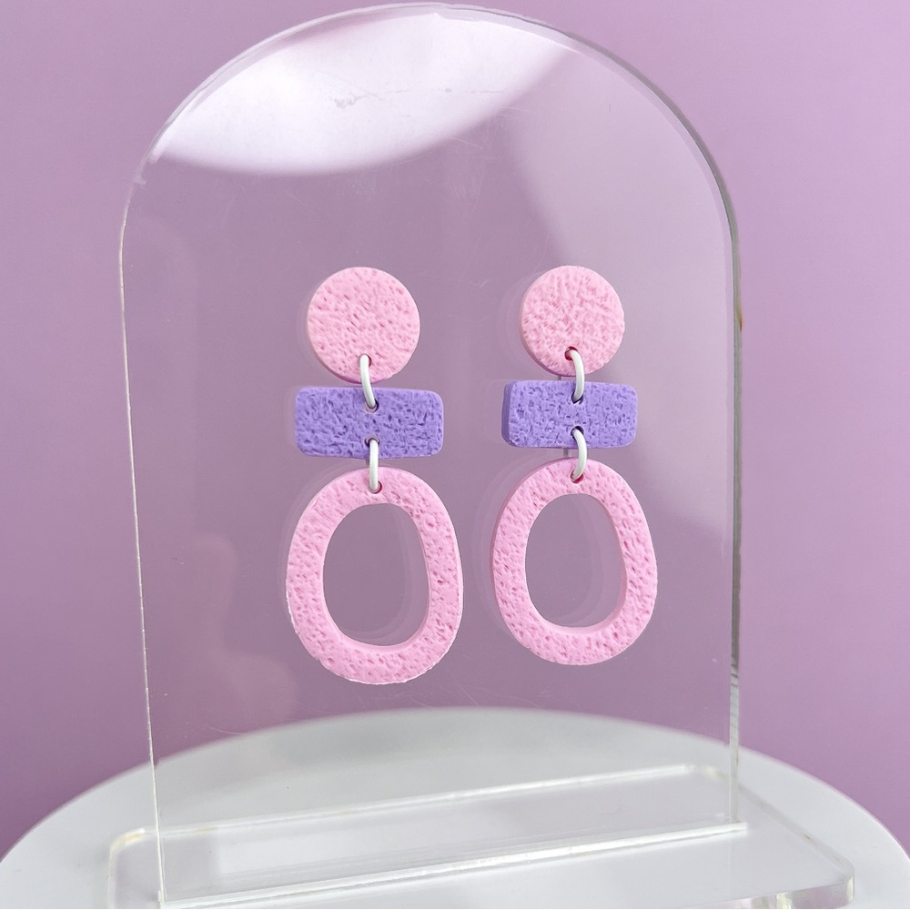 Pink with Purple Accent Handmade Polymer Clay Dangle Earrings